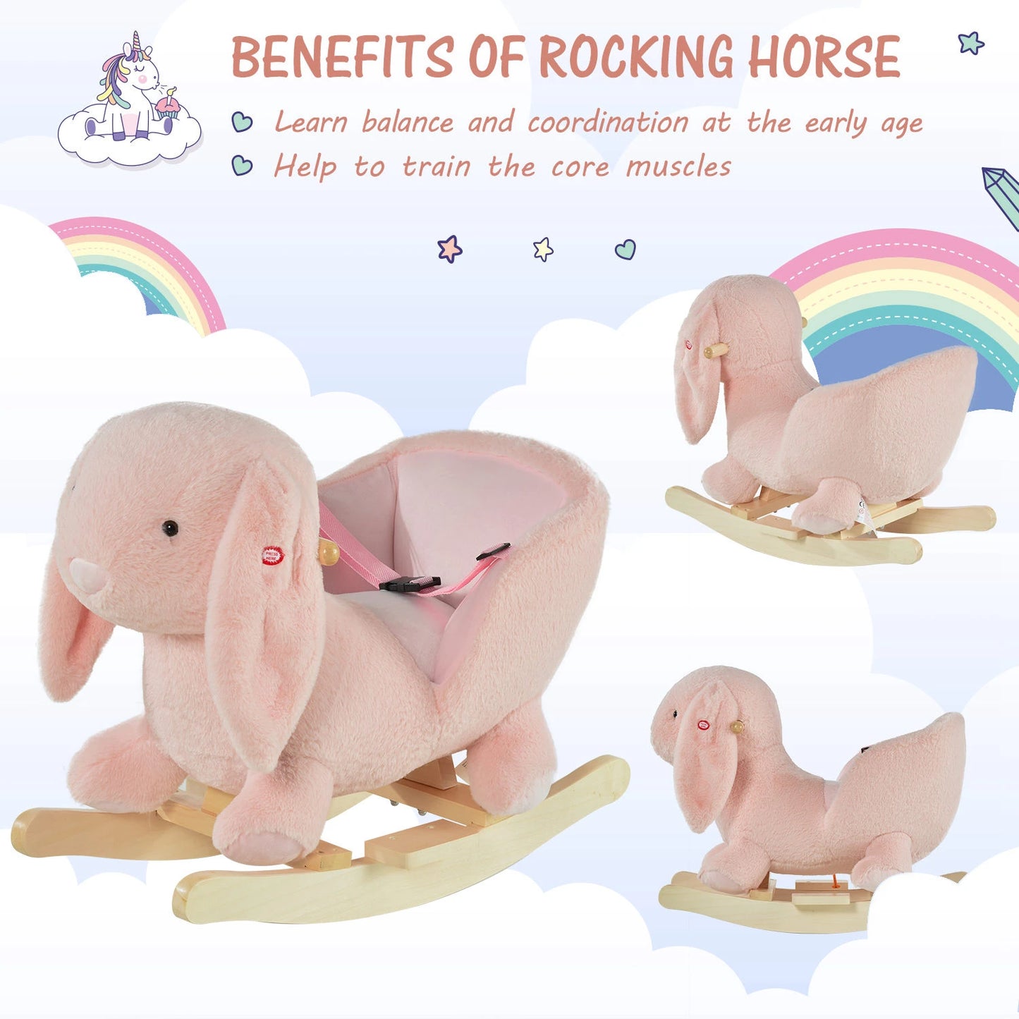 Ride on Bunny Rabbit Style Rocking Horse with Safety Belt and Wooden Base