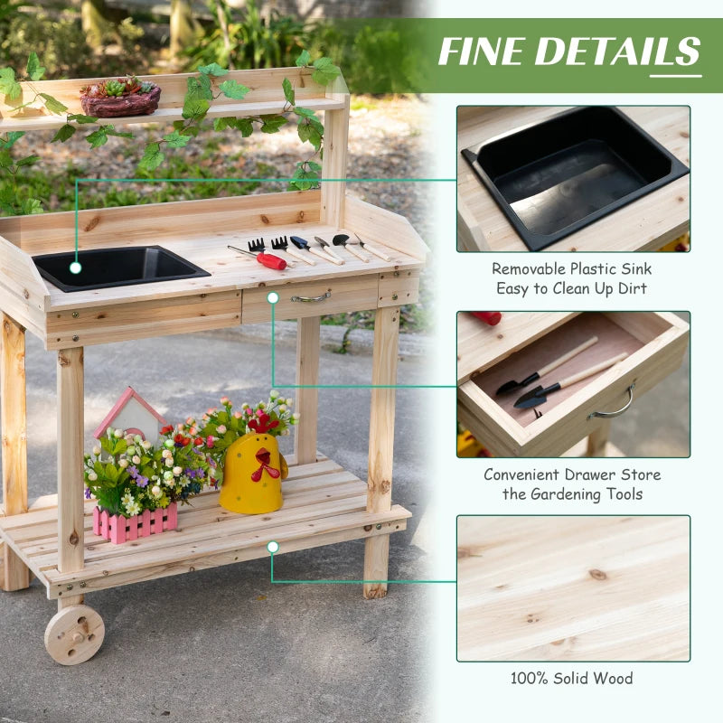 Wooden Potting Bench Work Table with Wheels, Sink, Drawer and Large Storage Section