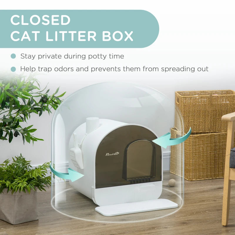 House Style - Cat Litter Tray with Pull Out Tray, Lid, Scoop, Filter and Flap Door - White