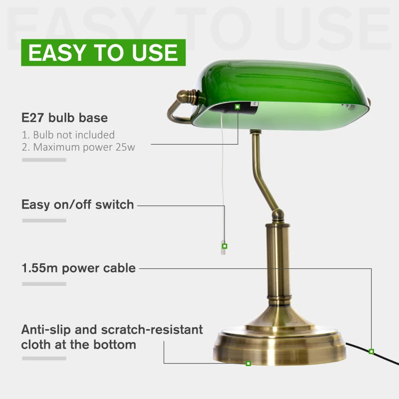 Traditional Banker's Tabletop Desk Lamp with Green Glass Shade & Antique Bronze Base