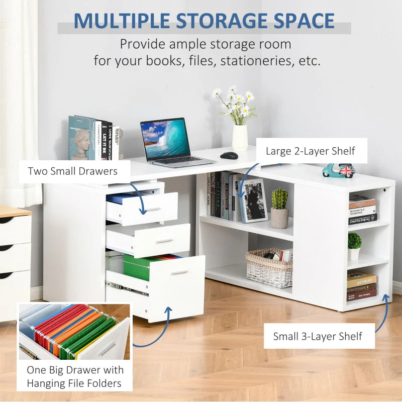 L-Shaped Corner Desk with Drawers & Open Style Shelving