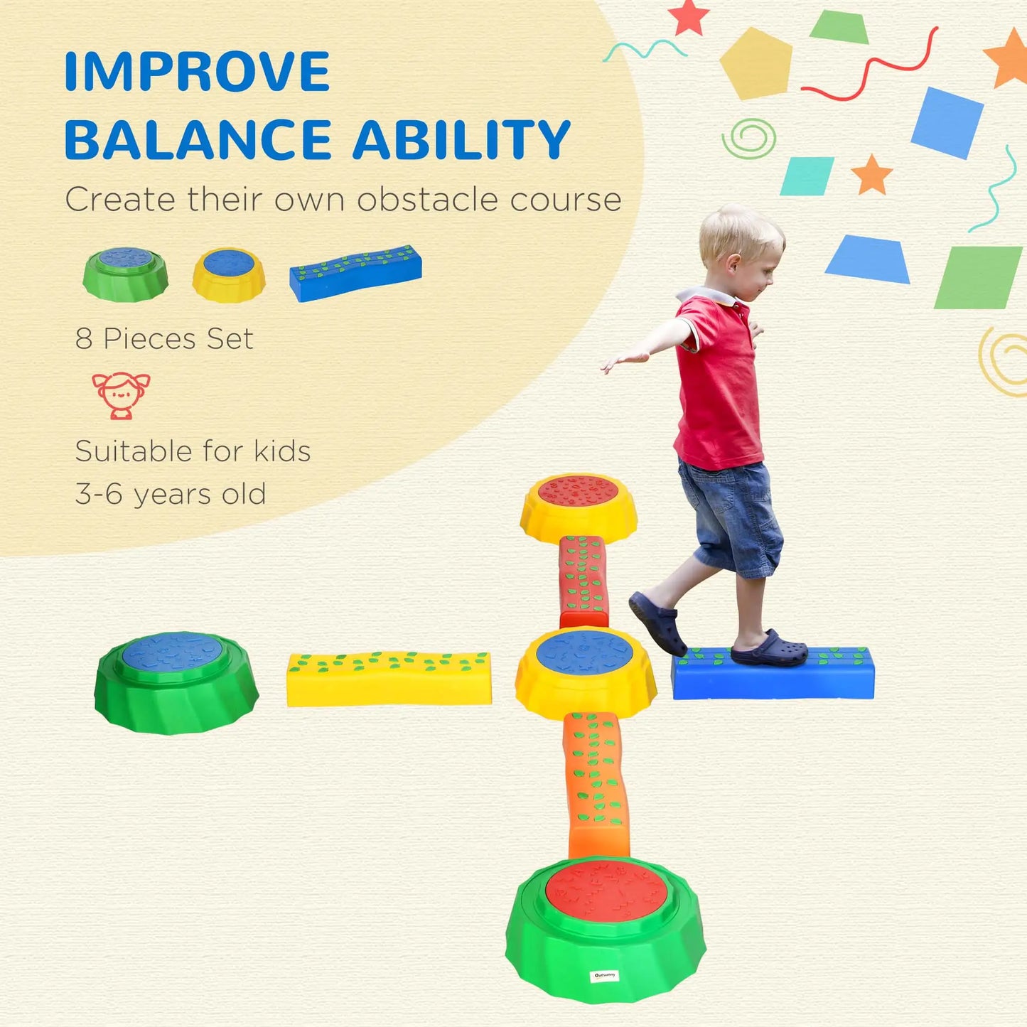 8-Piece Stepping Stone and Balance Beam Set with Anti-Slip Surface & Bottom