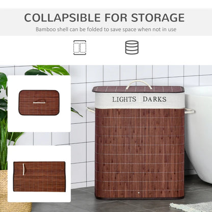 Lights & Darks - Laundry Basket Separator with Lid String Handles & 2 Sections - Brown Wood Effect