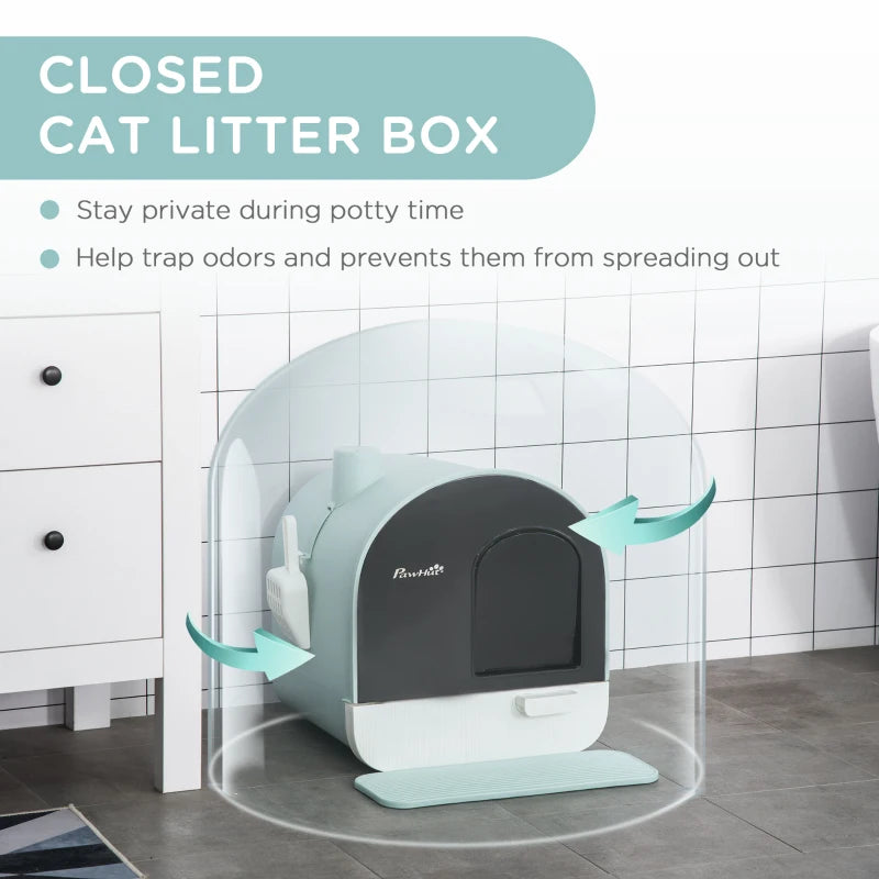 House Style - Cat Litter Tray with Pull Out Tray, Lid, Scoop, Filter and Flap Door - Mint Green