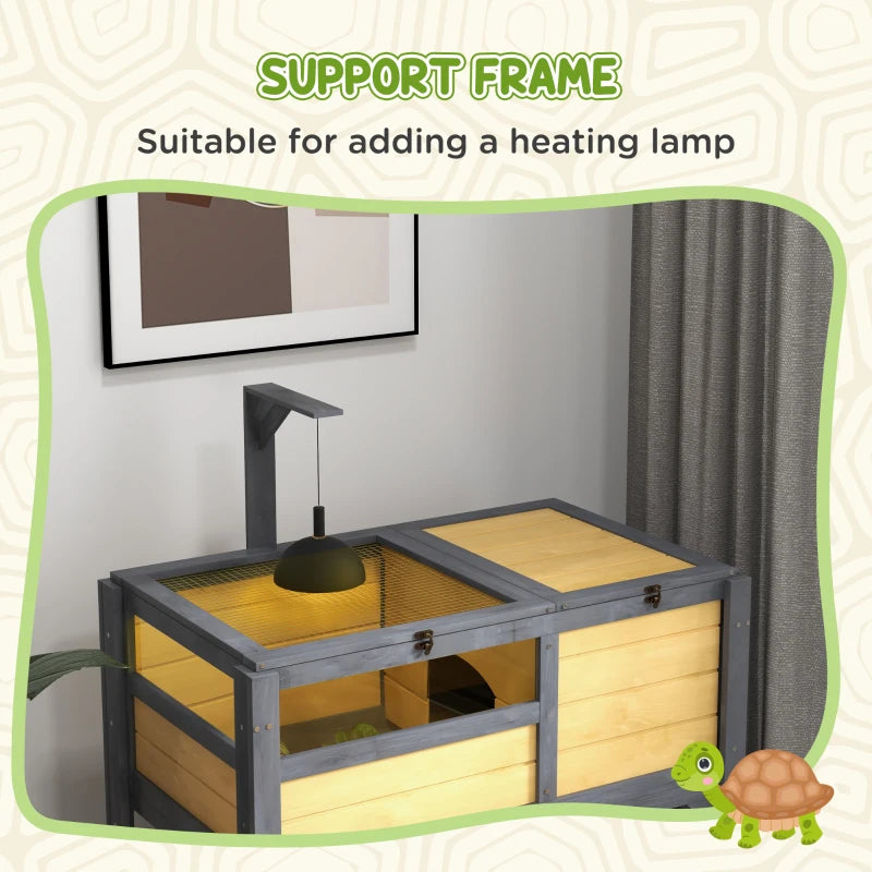 Raised Wooden Tortoise House, with Shelter, Run, Shelf and Lamp Holder - Wooden Style (lamp not included)