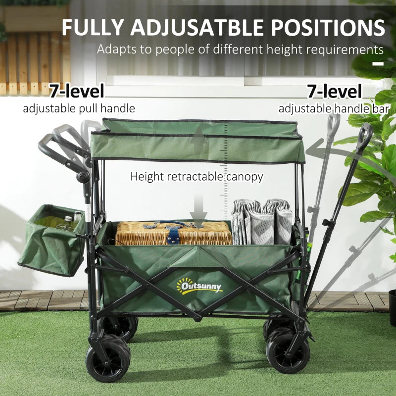 Folding Trolley Cart - Storage Wagon with Canopy & Handle - Green