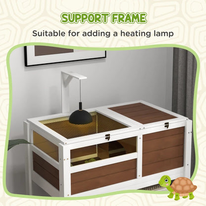 Raised Wooden Tortoise House, with Shelter, Run, Shelf and Lamp Holder - Brown / White - (lamp not included)