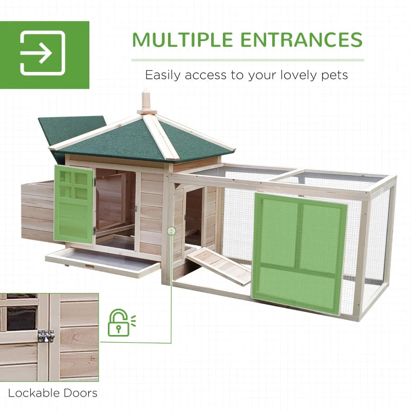 Large Chicken Coop with Outdoor Yard Run and Nesting Boxes - Natural Wood / Green