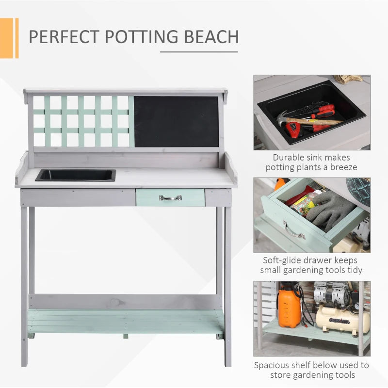 Two Tone - Garden Potting Bench Table with Chalkboard, Sink, Gridded Backboard and Underneath Storage