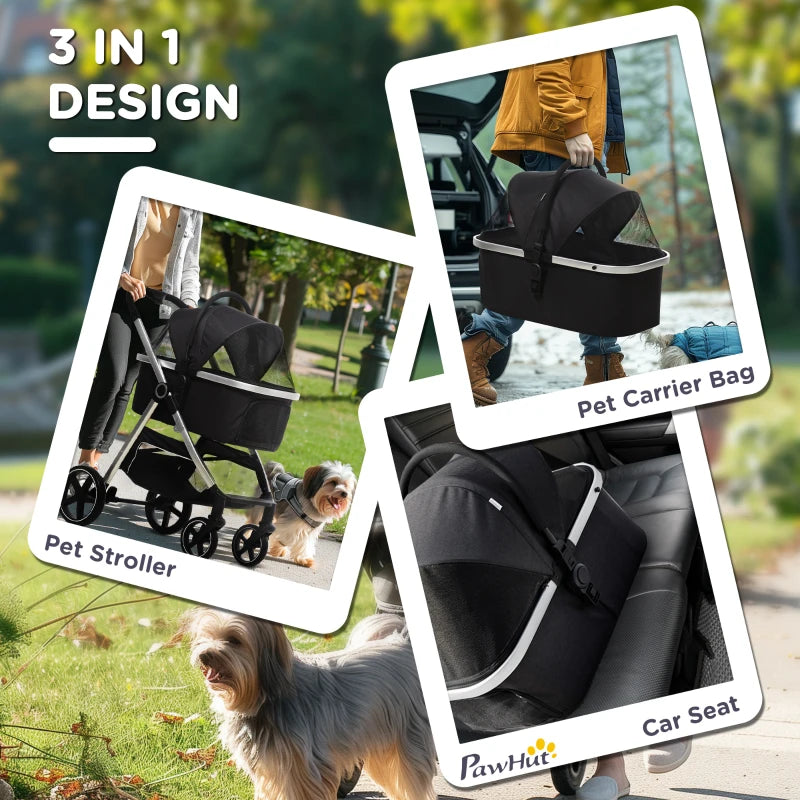 3-in-1 Foldable Pet Stroller with Detachable Carry Bag and Safety Leash - Black