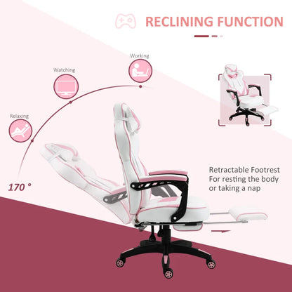 Computer Gaming Chair with Lumbar Support and Footrest - Pink / White