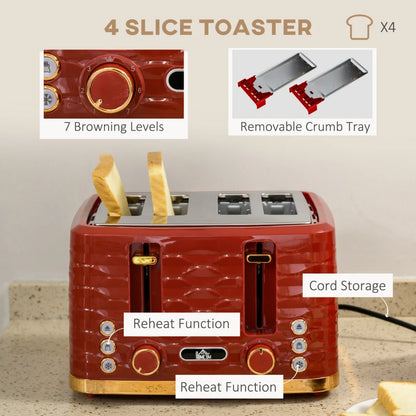 Kettle (1.7L) and Toaster Set with 7 Browning Controls and Crumb Tray (4 Slice) - Red / Gold