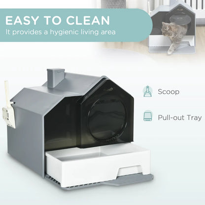 Home Style Cat Litter House Tray with Chimney Filter, Pull Out Tray and Front Door - Grey