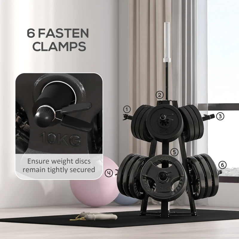 Weight Plate Tree Rack / Organiser with 6 Fastening Clamps - (Barbell and Weight Plates not Included)