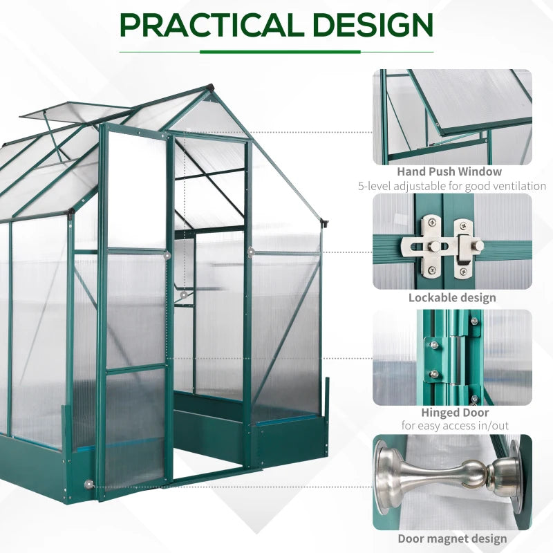 Walk-In Aluminium / Polycarbonate Greenhouse with Plant Bed and Windows - (6 x 8ft)