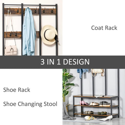 Large Industrial Style Coat Rack with 12 Hooks and 3-Tier Storage Shelving / Bench