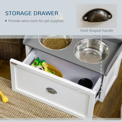 Raised Dog Feeder with 2 Stainless Steel Bowls & 21L Storage Drawer - White