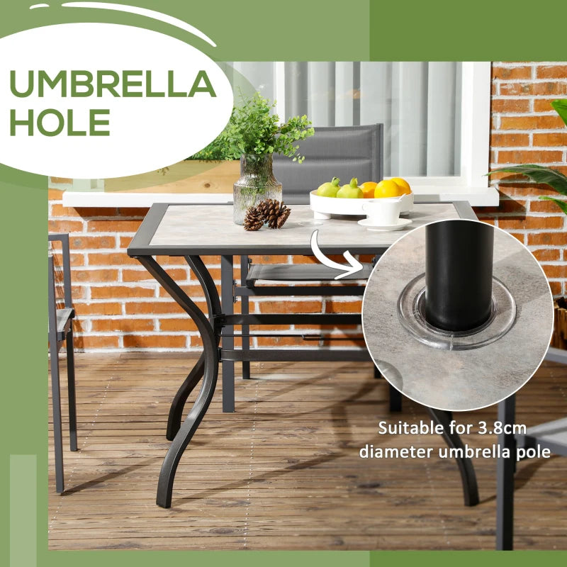 Square Garden Table with Stone Grain Effect Wooden Tabletop and Parasol Hole (Parasol not Included) - Stone