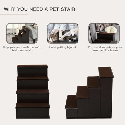 Wooden 4-Step Pet Stairs / Ladder with Anti Slip Carpet Mats - Dark Wood Effect