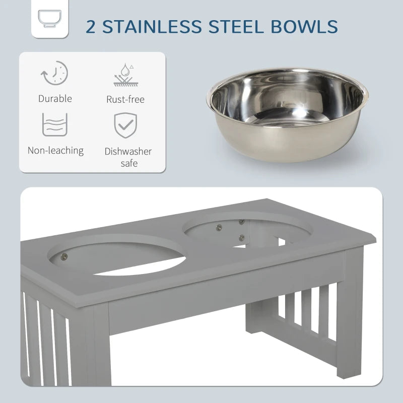 Raised Wooden Feeder with 2 Stainless Steel Bowls for Extra Small and Small Dogs - Grey