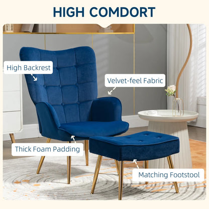 Velvet Wingback Modern Armchair with Footstool Chair with Steel Legs - Blue