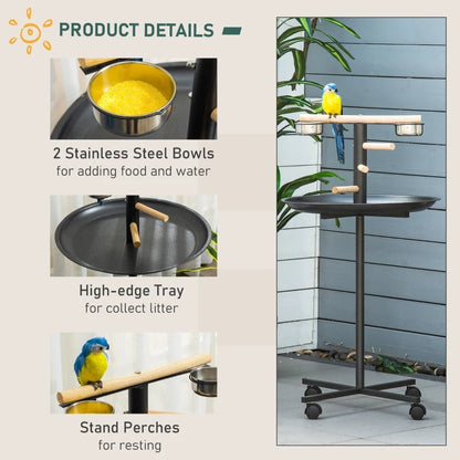 Portable Metal Bird Play Stand with Steps, Feeding Bowls and Large Tray