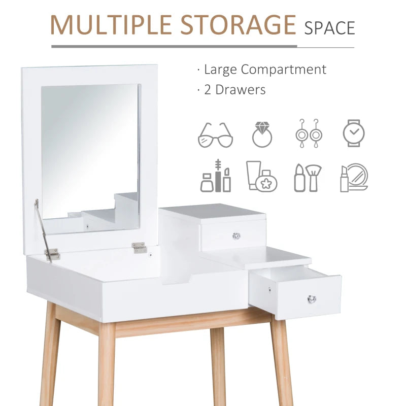 Flip Up Mirror Dressing Table with 3-Drawer Storage and Two-Tone White and Pine