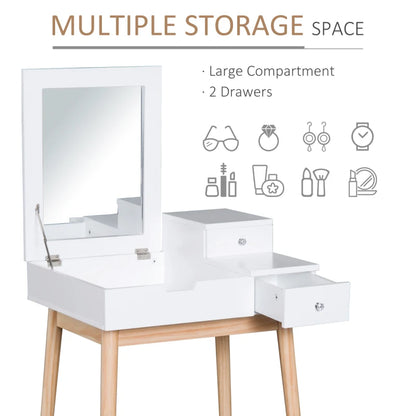 Flip Up Mirror Dressing Table with 3-Drawer Storage and Two-Tone White and Pine