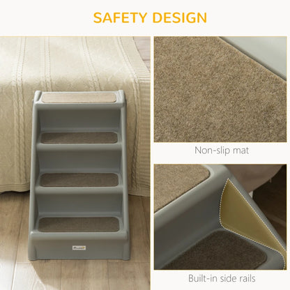 4-Step Foldable Pet Stairs with Plastic Surrounding and Anti Slip Carpeting - Grey