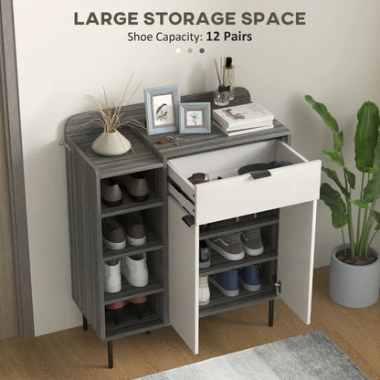 Modern Two-Tone Wood Effect (12-Pair) Shoe Storage Organiser with Cupboard and Open Style Shelving