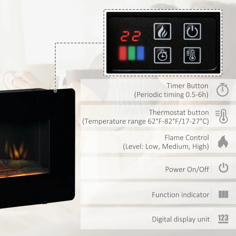 Electric Wall Mounted Fireplace Heater with Adjustable Flame Effect and Remote Control