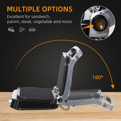 Electric Grill / Panini Press - Non Stick with 180° Open Lid, Drip Tray & Removable Plate