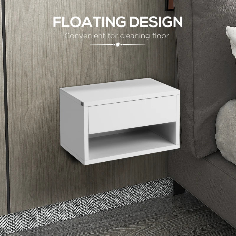 Set of 2 Bed Side Table - Wall Mounted with Drawer & Underneath Shelf - High Gloss White