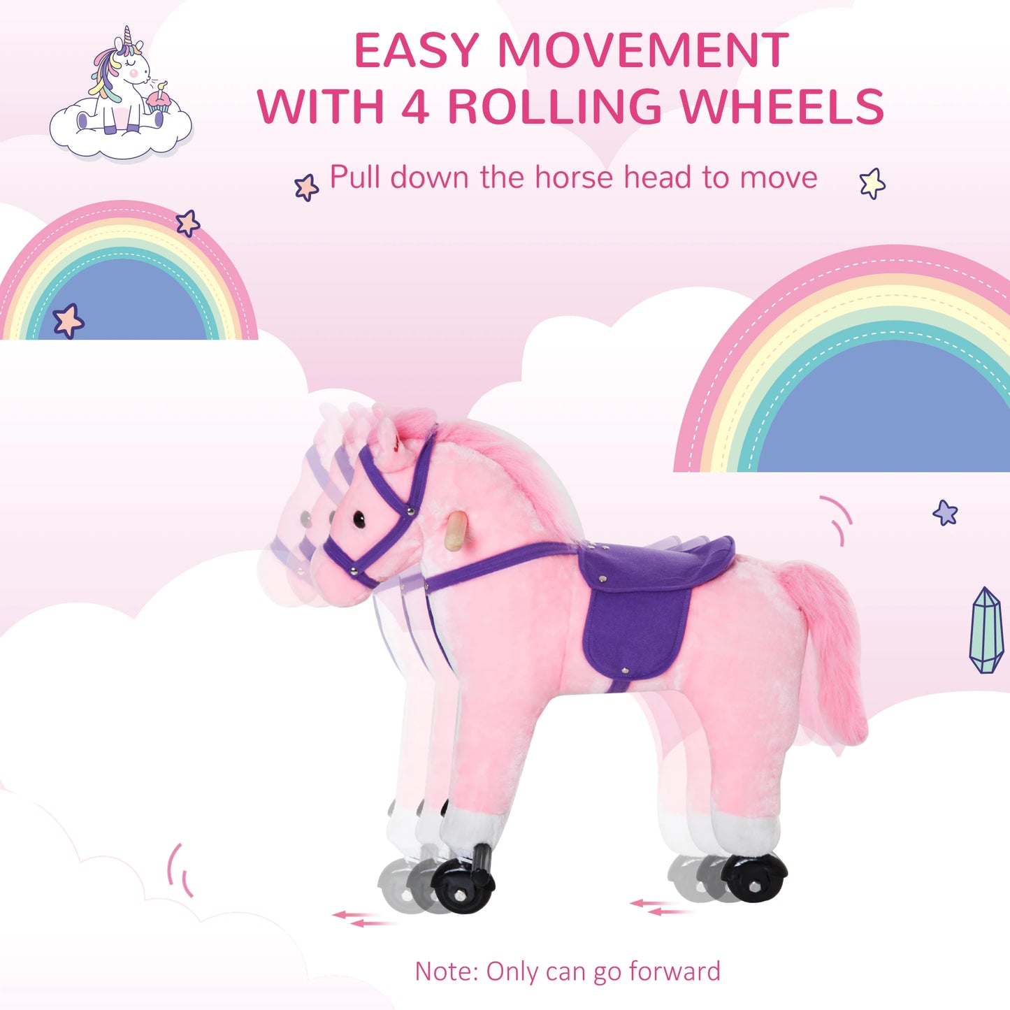 Small Ride on Horse with Wheels or Manual Movement and Sound Effects - Pink