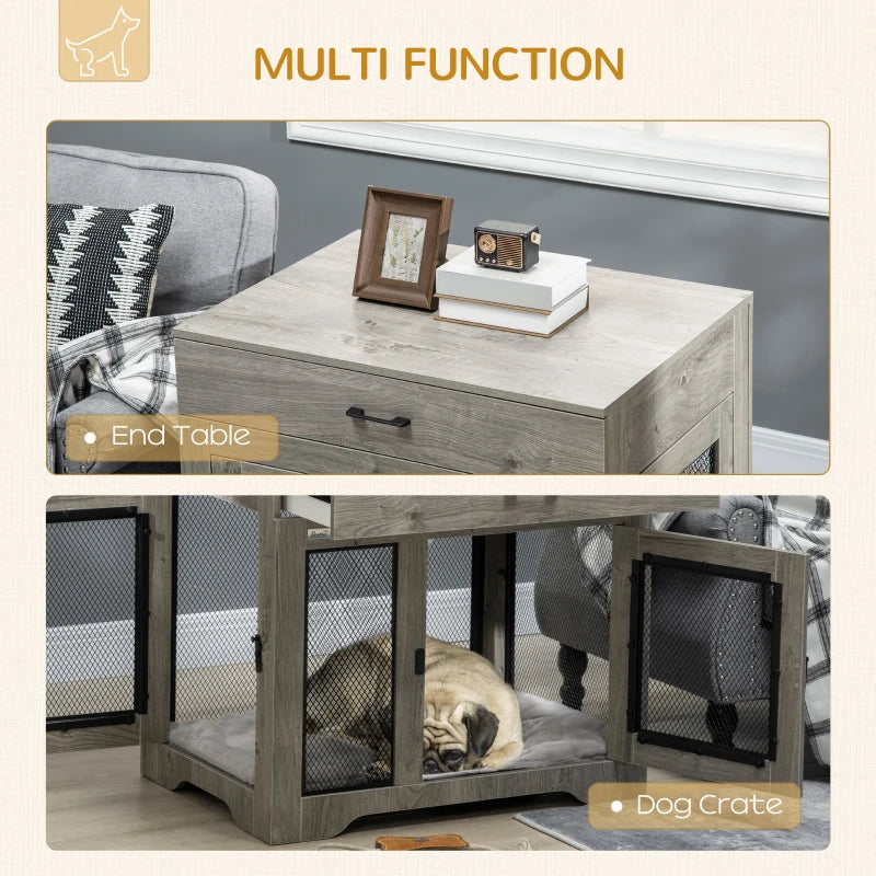 End Table Dog Crate with Pull Out Drawer and Top Table for Medium Dogs