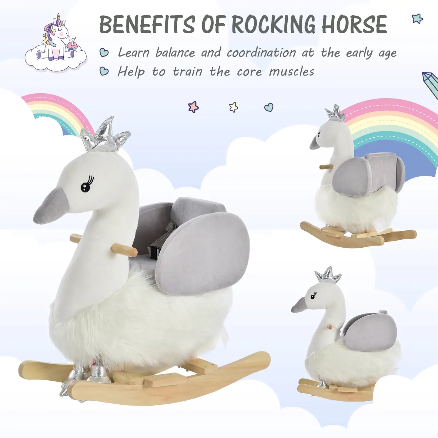 Swan Style Ride on Rocking Horse with Wooden Base and Safety Belt