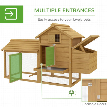 Small 2-Tier Chicken Coop with Ramp, Outdoor Yard and Nesting Box - Natural Wood