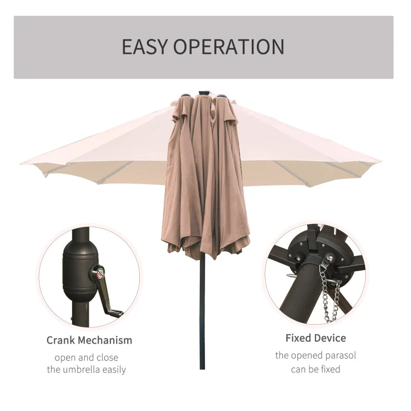 LED - Double Sided Parasol Sun Umbrella - Solar Lights - (4.4m) - (Base Not Included) - Khaki