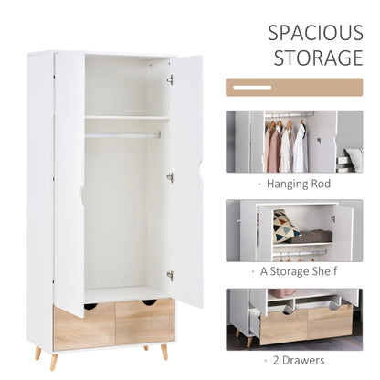 2-Door Wardrobe with Hanger Rail and 2 Underneath Drawers - White / Pine Wood