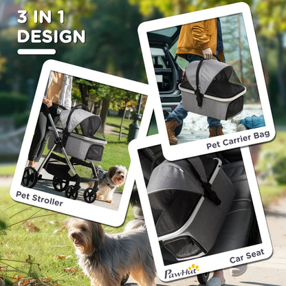 3-in-1 Foldable Pet Stroller with Detachable Carry Bag and Safety Leash - Grey