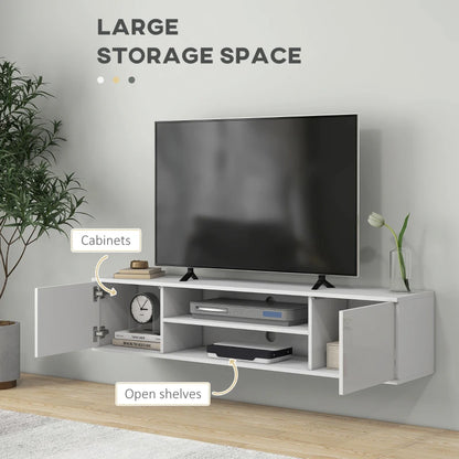 White - Floating Media Center / TV Stand with Open Shelving and Storage Cupboards