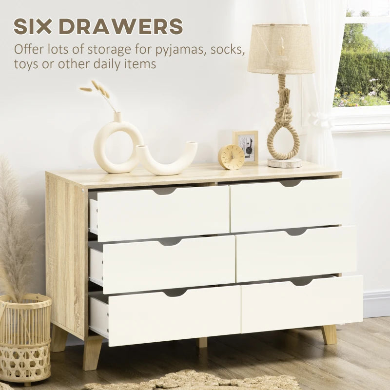 Wide Two-Tone White and Natural Wood Chest of Drawers with 6-Drawers and Open Style Handles