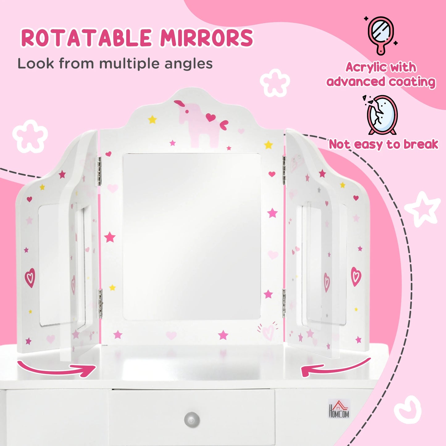 Kids Makeup Vanity Mirror Table with Chair and Folding Mirrors