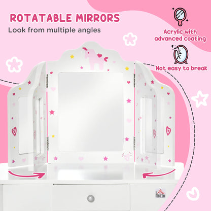 Kids Makeup Vanity Mirror Table with Chair and Folding Mirrors