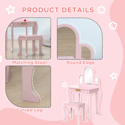 Kids Vanity Mirror Dressing Table with Chair and Drawer Storage - Pink