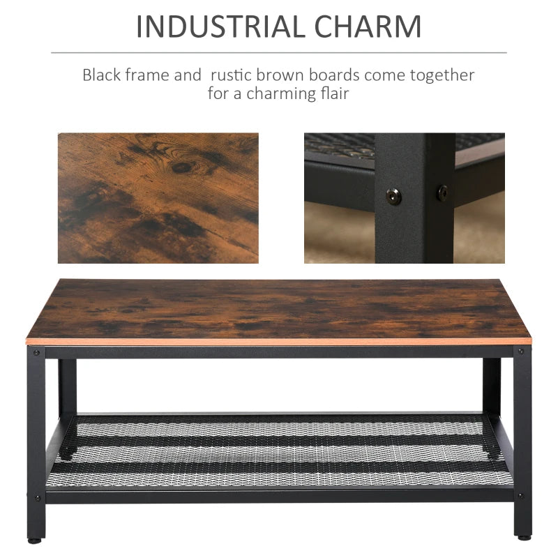 Industrial Style Coffee Table with Wire Frame Metal Storage Shelf