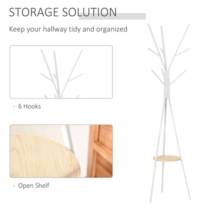 Coat Rack - 9 Hooks + 1 Hat Shelf - Bag Umbrella / Hanging Organiser - White / Pine Wood