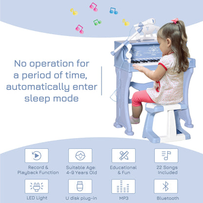 37 Key Kids Piano / Electric Keyboard with Stool and Microphone - Blue