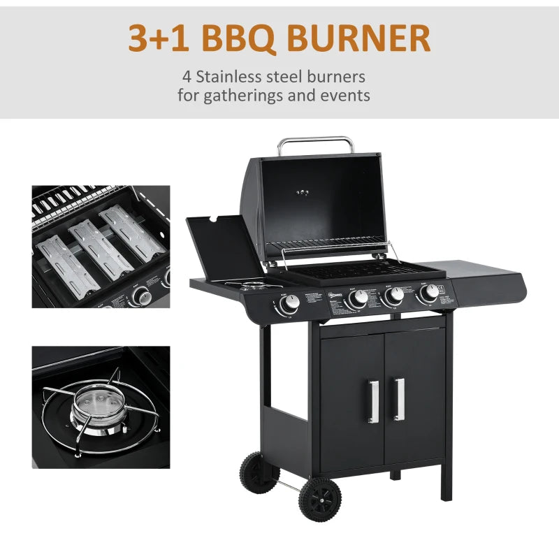 3 Burner Gas Grill + 1 Burner Side Stove Top with Side Shelves and Warming Rack