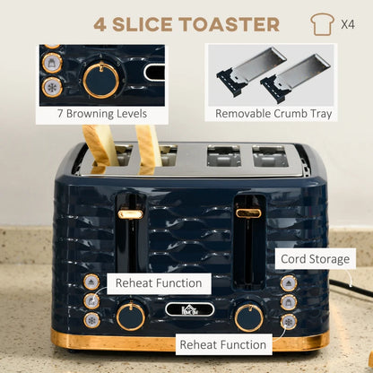 Kettle (1.7L) and Toaster Set with 7 Browning Controls and Crumb Tray (4 Slice) - Navy / Gold